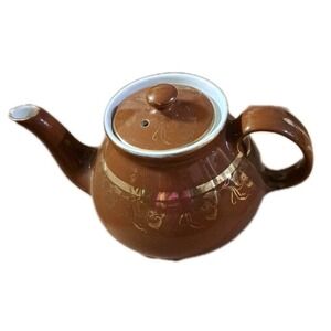 Hall's New York Style Brown Tea Pot With Gold Flowers Marked 6 Cup